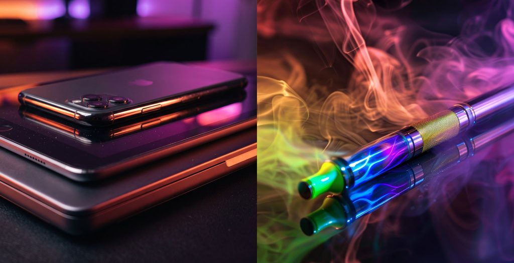 Smartphones and vaping device under colourful neon lighting.