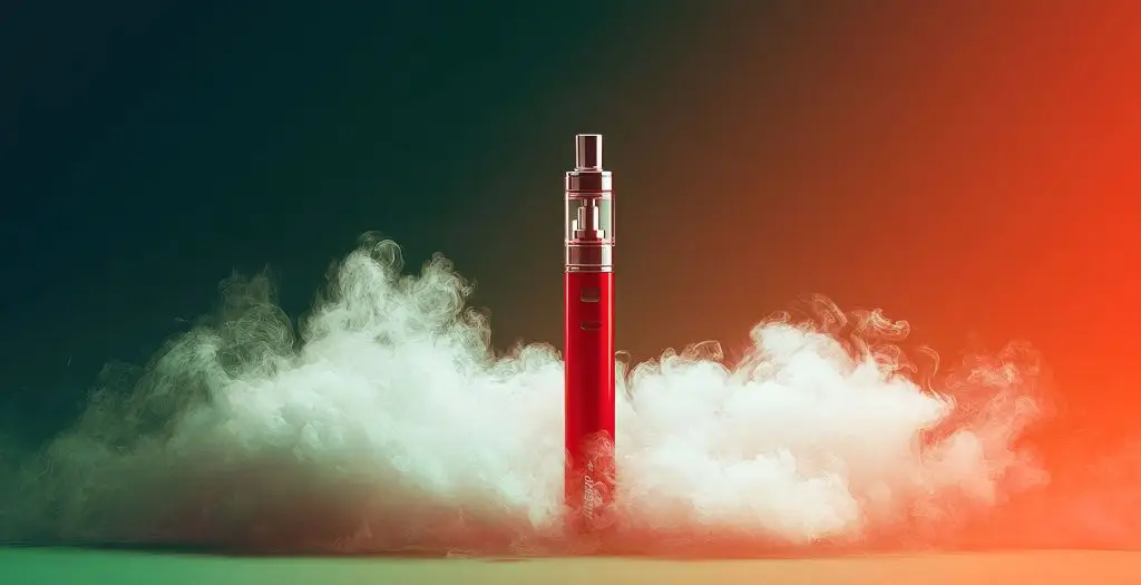 Red vaping device surrounded by thick vapor against a colorful background.