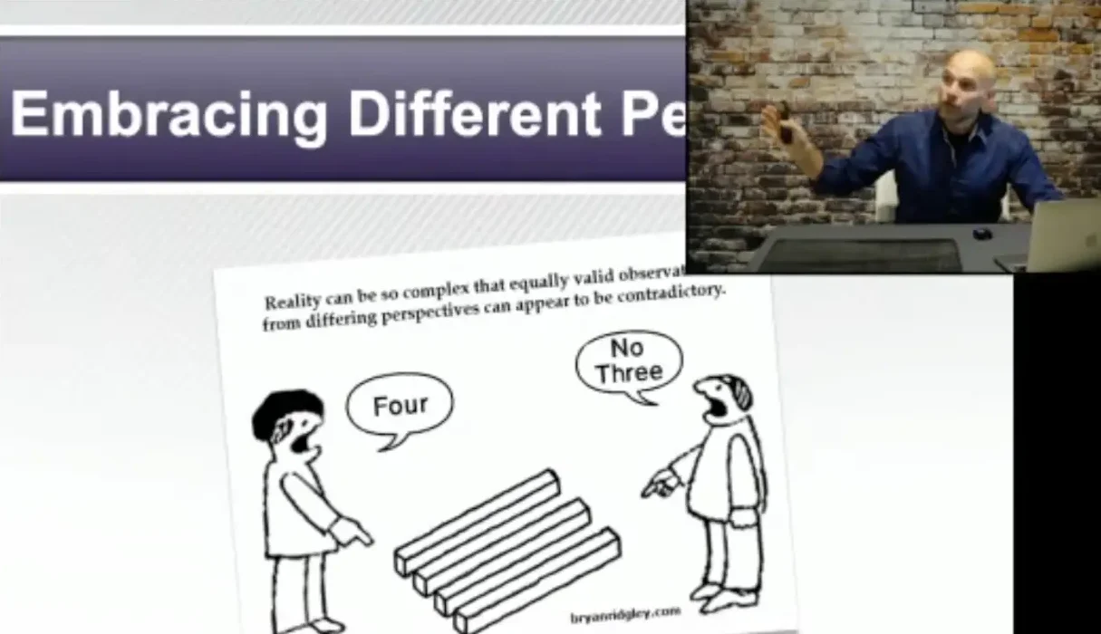 Robert Hackenson Jr. presenting bullying prevention for parents in Raymond, NH, beside a slide of two people looking at the same objects and counting four and three.