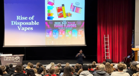 Vaping awareness speaker Robert Hackenson Jr. presenting on the rise of disposable vapes to McGregor Schools students in McGregor, MN