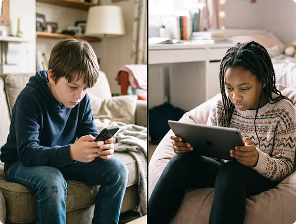 Two children using a smartphone and a tablet at home, building screen habits that start in elementary school.