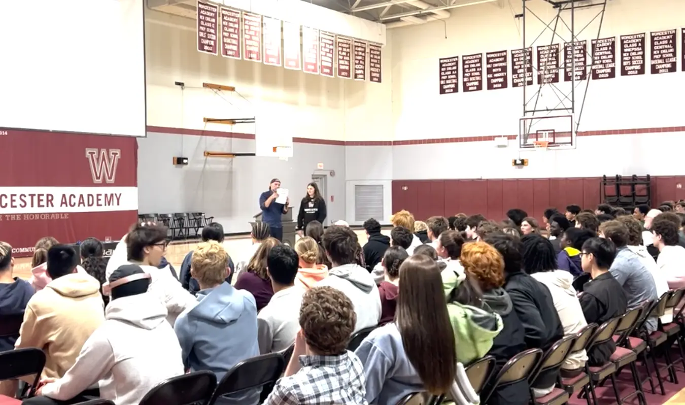 Robert Hackenson Jr. presenting the Let's Talk Respect bullying prevention assembly to students at Worcester Academy in Worcester, Massachusetts